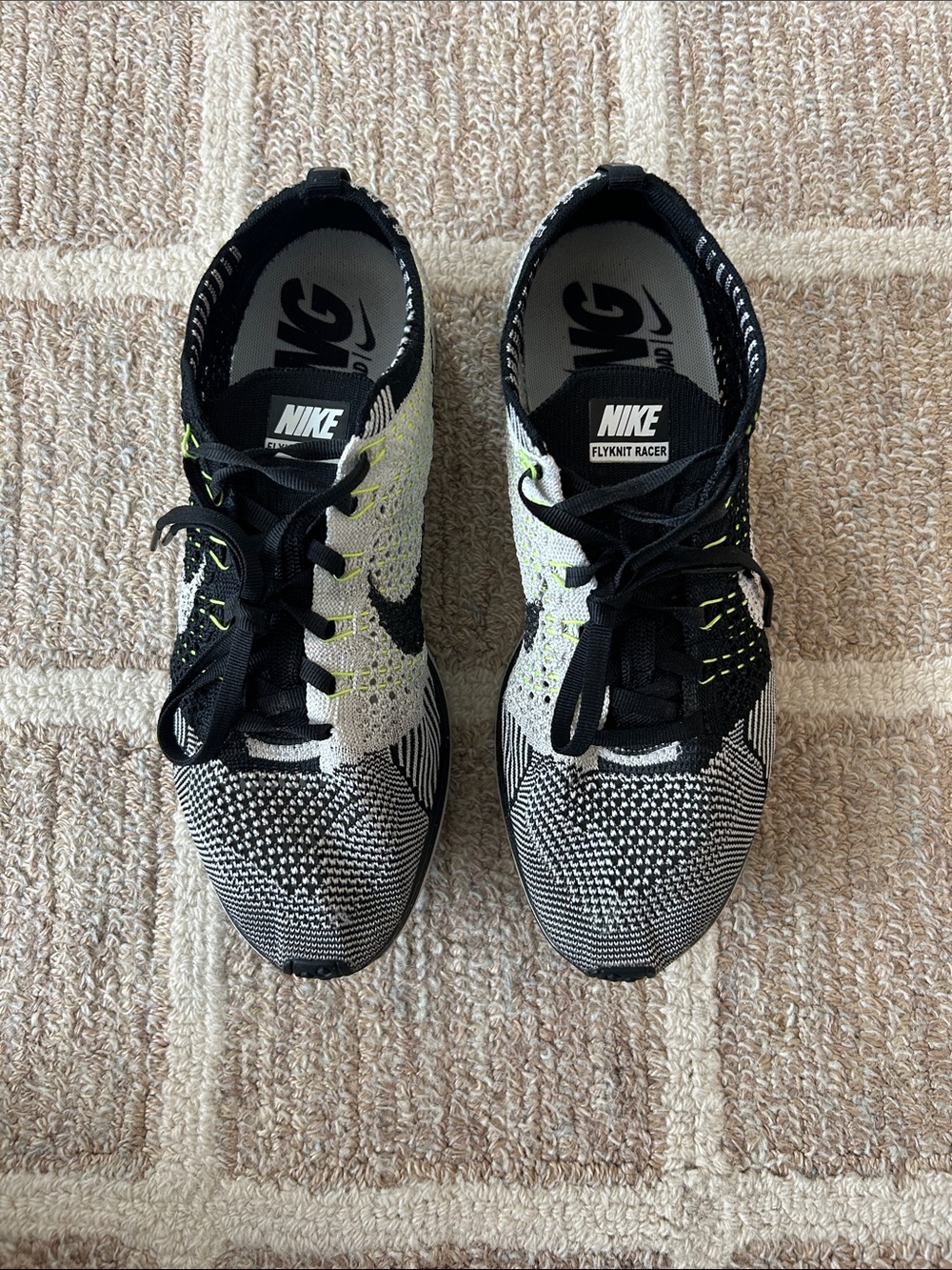 Nike Flyknit Racer Black White with Neon Yellow